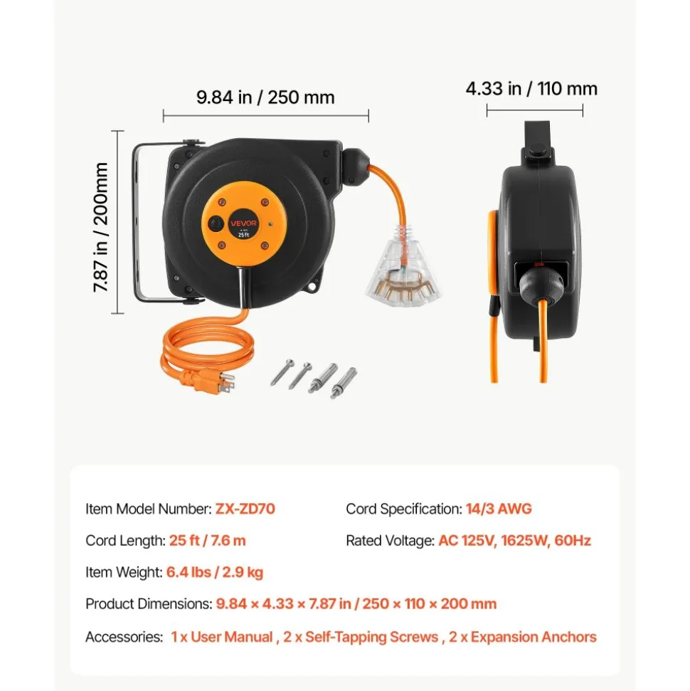 VEVOR Retractable Extension Cord Reel 25FT Heavy Duty 14AWG/3C SJTOW Orange, for Ceiling/Wall Mount, 13A Circuit Breaker, Automatic Retractable Power Cord, Lighted Triple Tap, with 180° Swivel Bracket