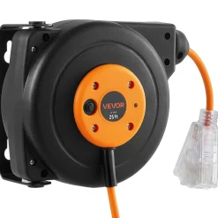 VEVOR Retractable Extension Cord Reel 25FT Heavy Duty 14AWG/3C SJTOW Orange, for Ceiling/Wall Mount, 13A Circuit Breaker, Automatic Retractable Power Cord, Lighted Triple Tap, with 180° Swivel Bracket