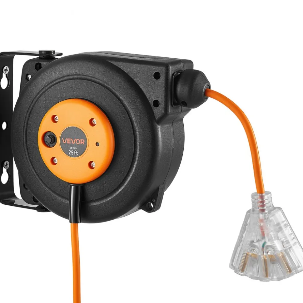 VEVOR Retractable Extension Cord Reel 25FT Heavy Duty 14AWG/3C SJTOW Orange, for Ceiling/Wall Mount, 13A Circuit Breaker, Automatic Retractable Power Cord, Lighted Triple Tap, with 180° Swivel Bracket