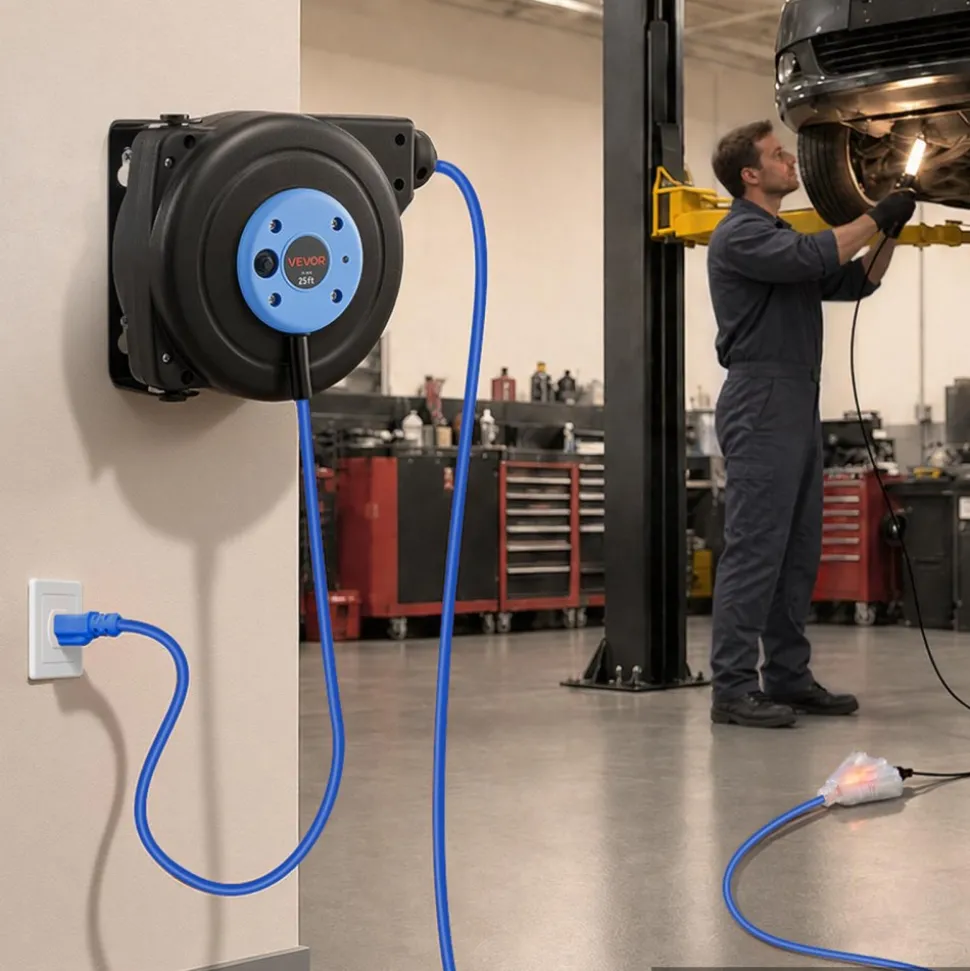 VEVOR Retractable Extension Cord Reel 25FT Heavy Duty 14AWG/3C SJTOW Blue, for Ceiling/Wall Mount, 13A Circuit Breaker, Automatic Retractable Power Cord, Lighted Triple Tap, with 180° Swivel Bracket