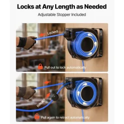 VEVOR Retractable Extension Cord Reel 25FT Heavy Duty 14AWG/3C SJTOW Blue, for Ceiling/Wall Mount, 13A Circuit Breaker, Automatic Retractable Power Cord, Lighted Triple Tap, with 180° Swivel Bracket