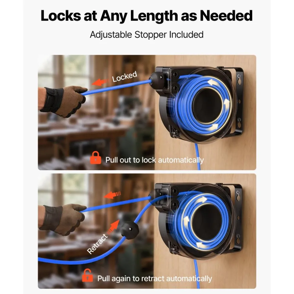 VEVOR Retractable Extension Cord Reel 25FT Heavy Duty 14AWG/3C SJTOW Blue, for Ceiling/Wall Mount, 13A Circuit Breaker, Automatic Retractable Power Cord, Lighted Triple Tap, with 180° Swivel Bracket