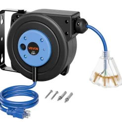 VEVOR Retractable Extension Cord Reel 25FT Heavy Duty 14AWG/3C SJTOW Blue, for Ceiling/Wall Mount, 13A Circuit Breaker, Automatic Retractable Power Cord, Lighted Triple Tap, with 180° Swivel Bracket