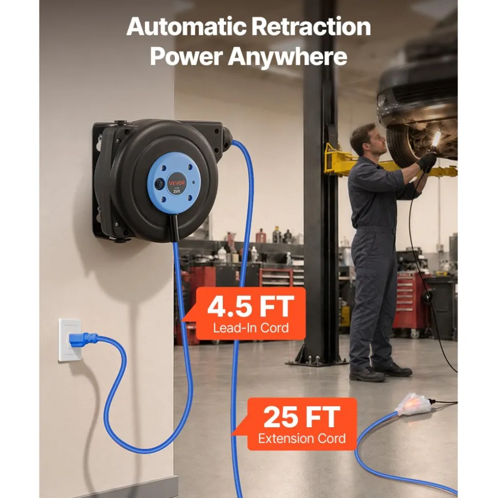 VEVOR Retractable Extension Cord Reel 25FT Heavy Duty 14AWG/3C SJTOW Blue, for Ceiling/Wall Mount, 13A Circuit Breaker, Automatic Retractable Power Cord, Lighted Triple Tap, with 180° Swivel Bracket