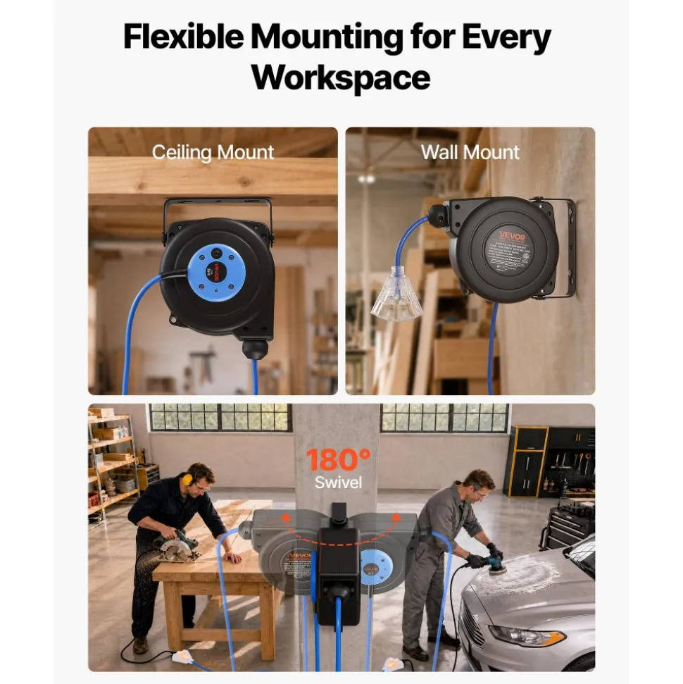 VEVOR Retractable Extension Cord Reel 25FT Heavy Duty 14AWG/3C SJTOW Blue, for Ceiling/Wall Mount, 13A Circuit Breaker, Automatic Retractable Power Cord, Lighted Triple Tap, with 180° Swivel Bracket