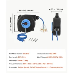 VEVOR Retractable Extension Cord Reel 25FT Heavy Duty 14AWG/3C SJTOW Blue, for Ceiling/Wall Mount, 13A Circuit Breaker, Automatic Retractable Power Cord, Lighted Triple Tap, with 180° Swivel Bracket