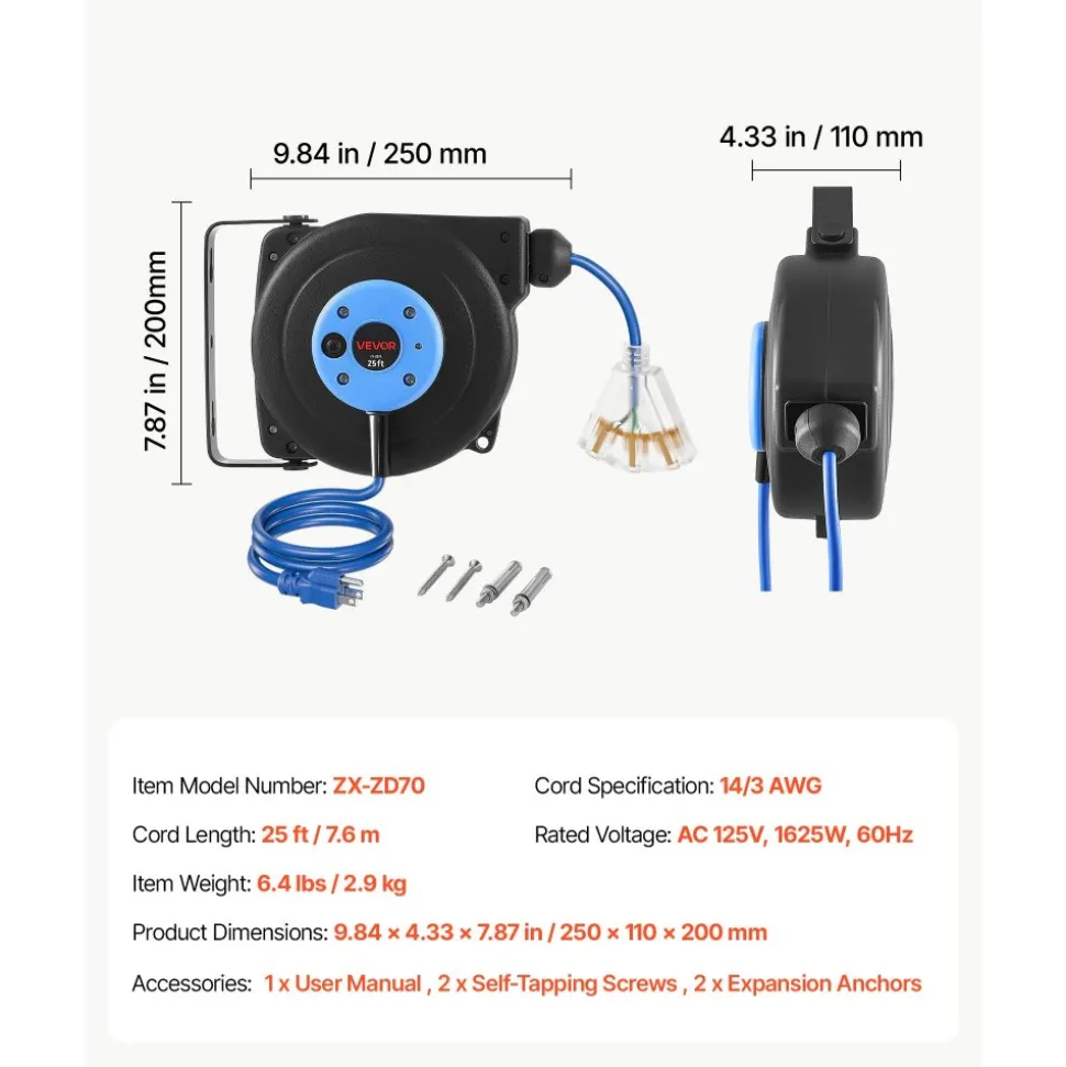VEVOR Retractable Extension Cord Reel 25FT Heavy Duty 14AWG/3C SJTOW Blue, for Ceiling/Wall Mount, 13A Circuit Breaker, Automatic Retractable Power Cord, Lighted Triple Tap, with 180° Swivel Bracket