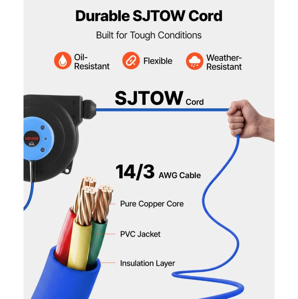VEVOR Retractable Extension Cord Reel 25FT Heavy Duty 14AWG/3C SJTOW Blue, for Ceiling/Wall Mount, 13A Circuit Breaker, Automatic Retractable Power Cord, Lighted Triple Tap, with 180° Swivel Bracket