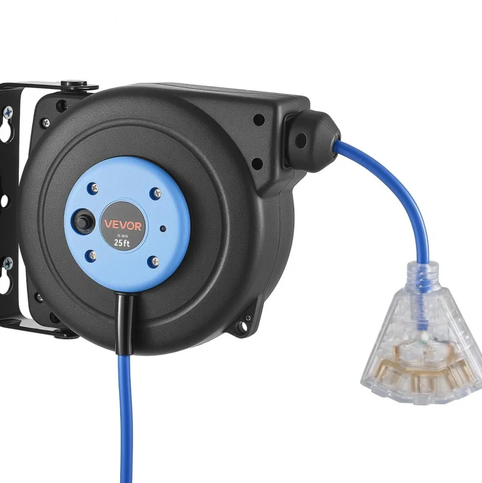 VEVOR Retractable Extension Cord Reel 25FT Heavy Duty 14AWG/3C SJTOW Blue, for Ceiling/Wall Mount, 13A Circuit Breaker, Automatic Retractable Power Cord, Lighted Triple Tap, with 180° Swivel Bracket