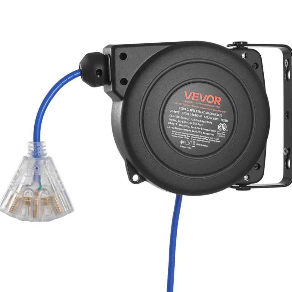 VEVOR Retractable Extension Cord Reel 25FT Heavy Duty 14AWG/3C SJTOW Blue, for Ceiling/Wall Mount, 13A Circuit Breaker, Automatic Retractable Power Cord, Lighted Triple Tap, with 180° Swivel Bracket