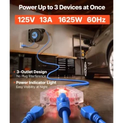 VEVOR Retractable Extension Cord Reel 25FT Heavy Duty 14AWG/3C SJTOW Blue, for Ceiling/Wall Mount, 13A Circuit Breaker, Automatic Retractable Power Cord, Lighted Triple Tap, with 180° Swivel Bracket
