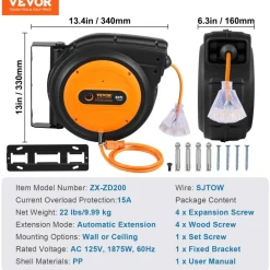VEVOR Retractable Extension Cord Reel, 30 FT, Heavy Duty 16AWG/3C SJTOW Power Cord, with Lighted Triple Tap Outlet 10 Amp Circuit Breaker, for Ceiling or Wall Mount Garage and Shop, ETL Listed