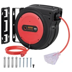 VEVOR Retractable Extension Cord Reel, 80 FT, Heavy Duty 12AWG/3C SJTOW Retractable Power Cord with Lighted Triple Tap Outlet, 15 Amp Circuit Breaker 180° Swivel Bracket for Ceiling or Wall Mount