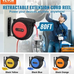 VEVOR Retractable Extension Cord Reel, 80 FT, Heavy Duty 12AWG/3C SJTOW Retractable Power Cord with Lighted Triple Tap Outlet, 15 Amp Circuit Breaker 180° Swivel Bracket for Ceiling or Wall Mount