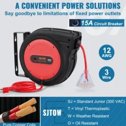 VEVOR Retractable Extension Cord Reel, 80 FT, Heavy Duty 12AWG/3C SJTOW Retractable Power Cord with Lighted Triple Tap Outlet, 15 Amp Circuit Breaker 180° Swivel Bracket for Ceiling or Wall Mount