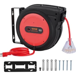 VEVOR Retractable Extension Cord Reel, 80 FT, Heavy Duty 12AWG/3C SJTOW Retractable Power Cord with Lighted Triple Tap Outlet, 15 Amp Circuit Breaker 180° Swivel Bracket for Ceiling or Wall Mount