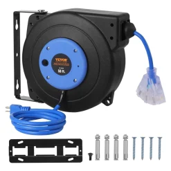 VEVOR Retractable Extension Cord Reel, 50 FT, Heavy Duty 14AWG/3C SJTOW Retractable Power Cord with Lighted Triple Tap Outlet, 13 Amp Circuit Breaker 180° Swivel Bracket for Ceiling or Wall Mount