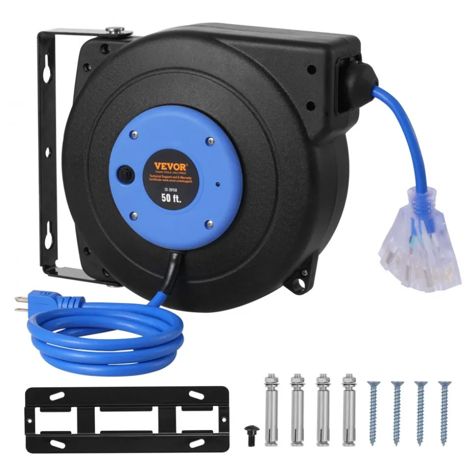 VEVOR Retractable Extension Cord Reel, 30 FT, Heavy Duty 16AWG/3C SJTOW Retractable Power Cord Reel with Lighted Triple Tap Outlet 10 Amp Circuit Breaker 4.5FT Lead-in Cord, for Ceiling or Wall Mount