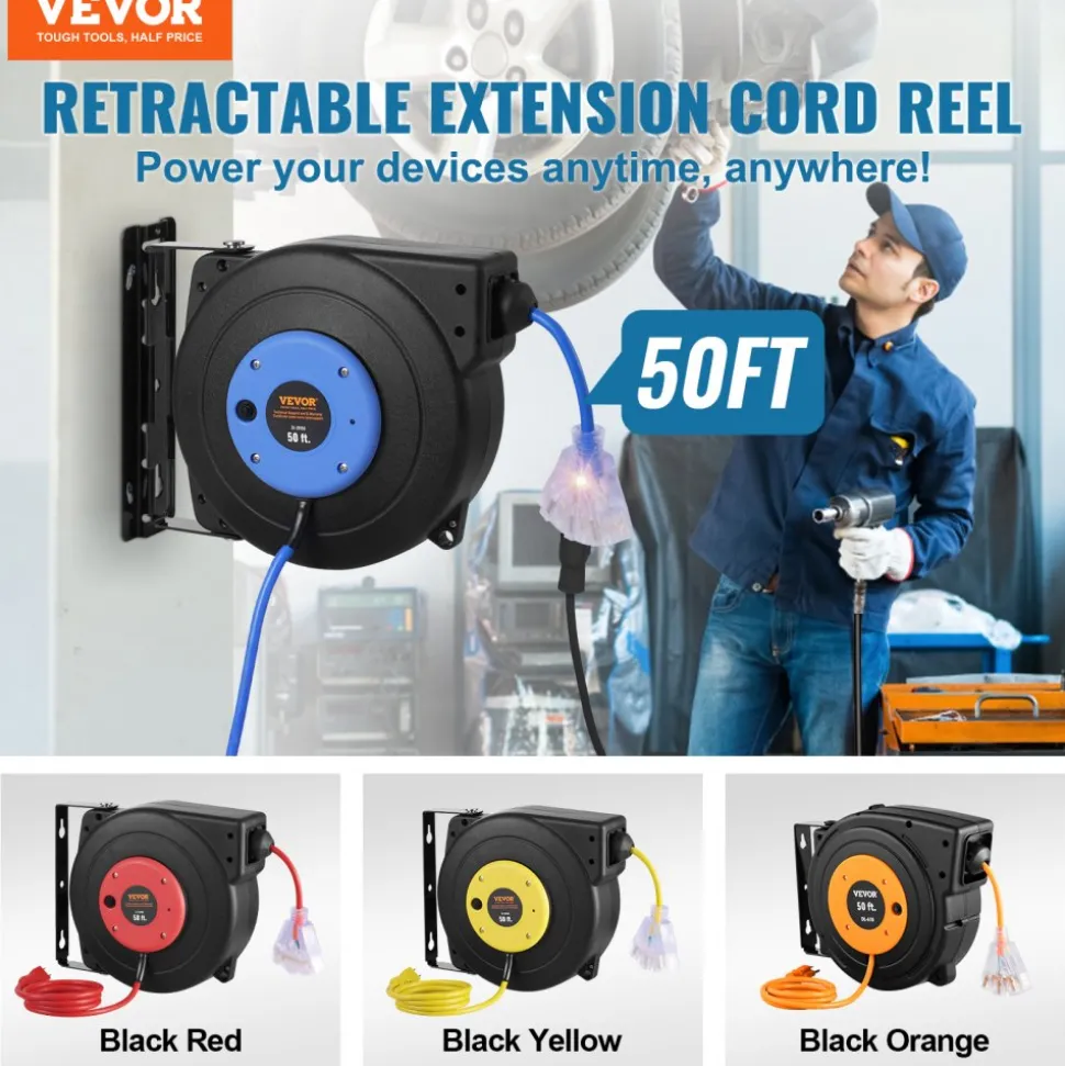 VEVOR Retractable Extension Cord Reel, 30 FT, Heavy Duty 16AWG/3C SJTOW Retractable Power Cord Reel with Lighted Triple Tap Outlet 10 Amp Circuit Breaker 4.5FT Lead-in Cord, for Ceiling or Wall Mount
