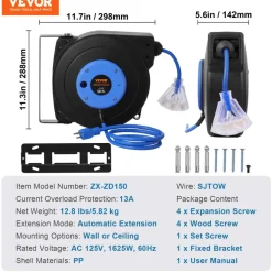 VEVOR Retractable Extension Cord Reel, 30 FT, Heavy Duty 16AWG/3C SJTOW Retractable Power Cord Reel with Lighted Triple Tap Outlet 10 Amp Circuit Breaker 4.5FT Lead-in Cord, for Ceiling or Wall Mount
