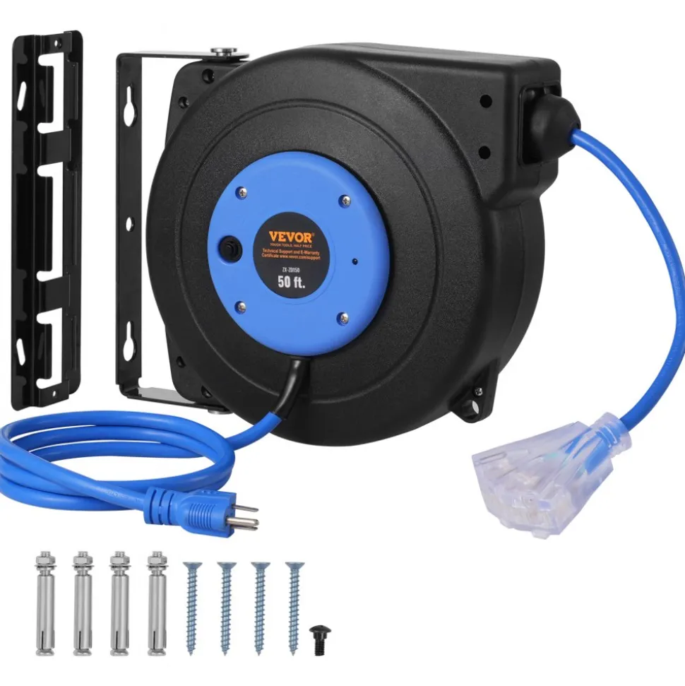 VEVOR Retractable Extension Cord Reel, 30 FT, Heavy Duty 16AWG/3C SJTOW Retractable Power Cord Reel with Lighted Triple Tap Outlet 10 Amp Circuit Breaker 4.5FT Lead-in Cord, for Ceiling or Wall Mount