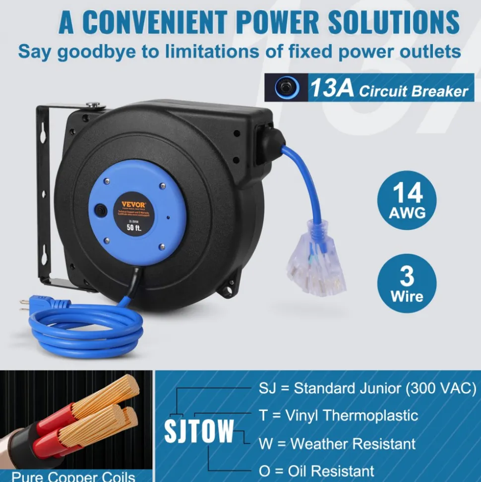 VEVOR Retractable Extension Cord Reel, 30 FT, Heavy Duty 16AWG/3C SJTOW Retractable Power Cord Reel with Lighted Triple Tap Outlet 10 Amp Circuit Breaker 4.5FT Lead-in Cord, for Ceiling or Wall Mount