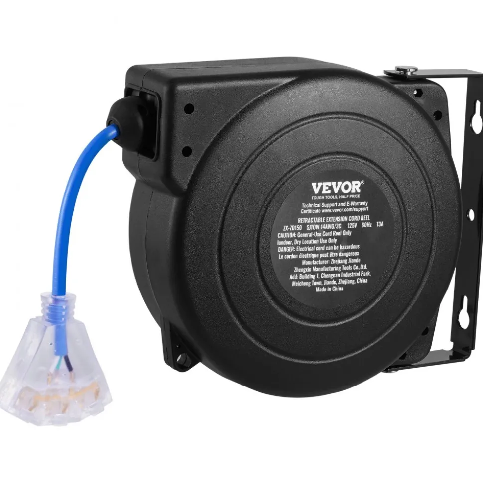 VEVOR Retractable Extension Cord Reel, 30 FT, Heavy Duty 16AWG/3C SJTOW Retractable Power Cord Reel with Lighted Triple Tap Outlet 10 Amp Circuit Breaker 4.5FT Lead-in Cord, for Ceiling or Wall Mount