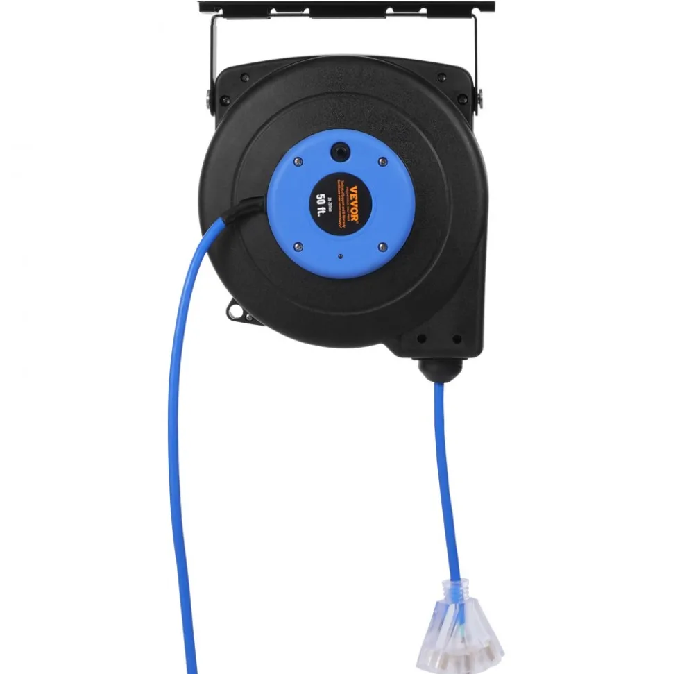 VEVOR Retractable Extension Cord Reel, 30 FT, Heavy Duty 16AWG/3C SJTOW Retractable Power Cord Reel with Lighted Triple Tap Outlet 10 Amp Circuit Breaker 4.5FT Lead-in Cord, for Ceiling or Wall Mount