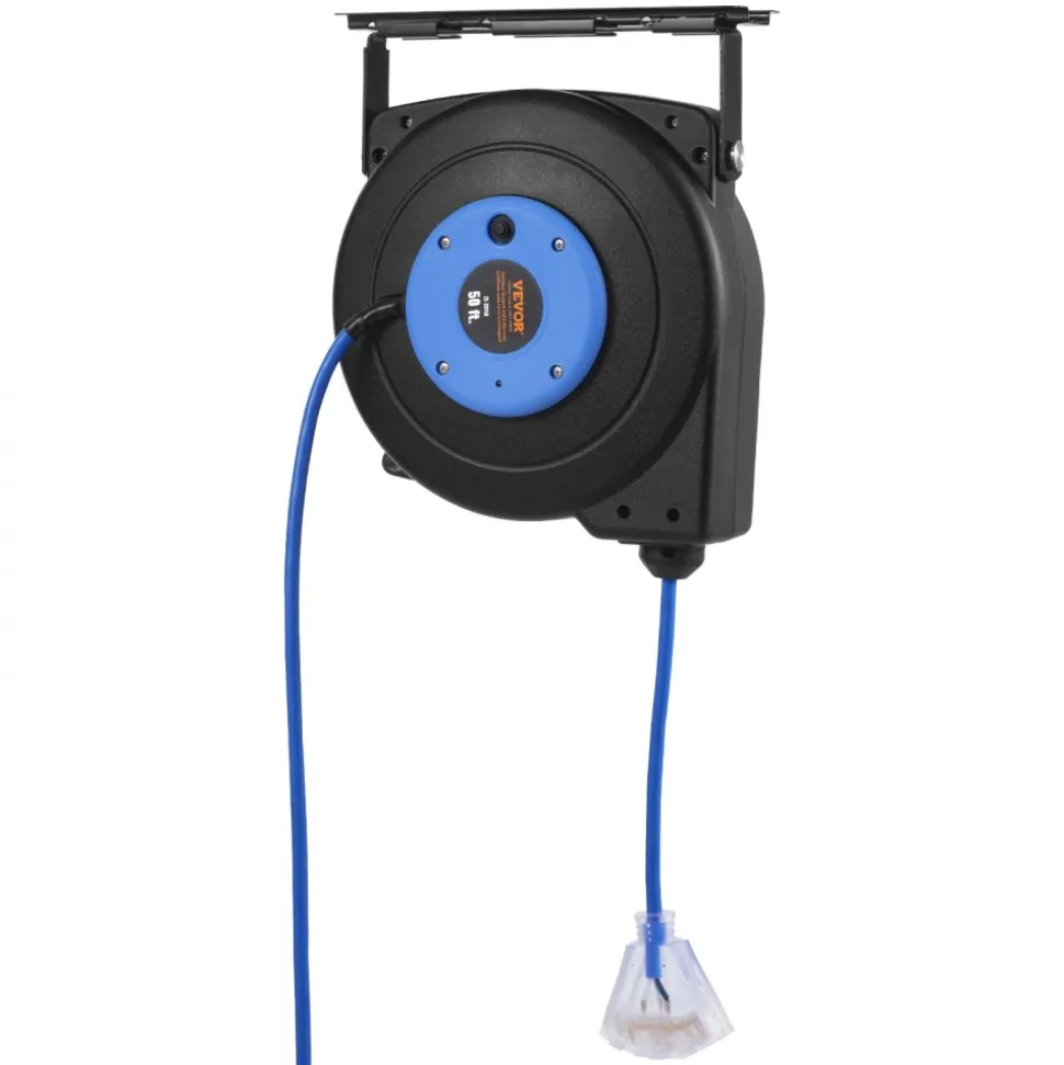 VEVOR Retractable Extension Cord Reel, 30 FT, Heavy Duty 16AWG/3C SJTOW Retractable Power Cord Reel with Lighted Triple Tap Outlet 10 Amp Circuit Breaker 4.5FT Lead-in Cord, for Ceiling or Wall Mount