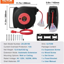 VEVOR Retractable Extension Cord Reel, 45 FT, Heavy Duty 12AWG/3C SJTOW Retractable Power Cord with Lighted Triple Tap Outlet, 15 Amp Circuit Breaker 180° Swivel Bracket for Ceiling or Wall Mount
