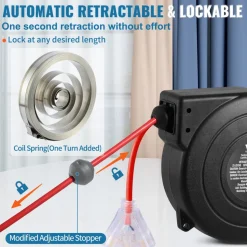 VEVOR Retractable Extension Cord Reel, 45 FT, Heavy Duty 12AWG/3C SJTOW Retractable Power Cord with Lighted Triple Tap Outlet, 15 Amp Circuit Breaker 180° Swivel Bracket for Ceiling or Wall Mount