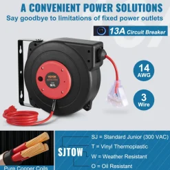 VEVOR Retractable Extension Cord Reel, 45 FT, Heavy Duty 12AWG/3C SJTOW Retractable Power Cord with Lighted Triple Tap Outlet, 15 Amp Circuit Breaker 180° Swivel Bracket for Ceiling or Wall Mount