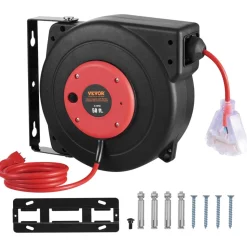 VEVOR Retractable Extension Cord Reel, 45 FT, Heavy Duty 12AWG/3C SJTOW Retractable Power Cord with Lighted Triple Tap Outlet, 15 Amp Circuit Breaker 180° Swivel Bracket for Ceiling or Wall Mount