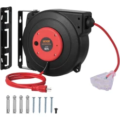 VEVOR Retractable Extension Cord Reel, 45 FT, Heavy Duty 12AWG/3C SJTOW Retractable Power Cord with Lighted Triple Tap Outlet, 15 Amp Circuit Breaker 180° Swivel Bracket for Ceiling or Wall Mount