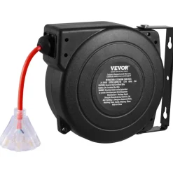 VEVOR Retractable Extension Cord Reel, 45 FT, Heavy Duty 12AWG/3C SJTOW Retractable Power Cord with Lighted Triple Tap Outlet, 15 Amp Circuit Breaker 180° Swivel Bracket for Ceiling or Wall Mount