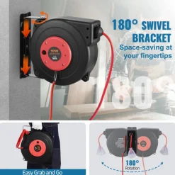 VEVOR Retractable Extension Cord Reel, 45 FT, Heavy Duty 12AWG/3C SJTOW Retractable Power Cord with Lighted Triple Tap Outlet, 15 Amp Circuit Breaker 180° Swivel Bracket for Ceiling or Wall Mount