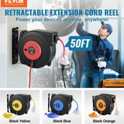 VEVOR Retractable Extension Cord Reel, 45 FT, Heavy Duty 12AWG/3C SJTOW Retractable Power Cord with Lighted Triple Tap Outlet, 15 Amp Circuit Breaker 180° Swivel Bracket for Ceiling or Wall Mount