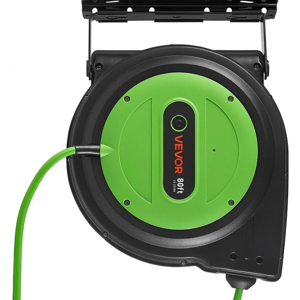 VEVOR Retractable Extension Cord Reel 80FT Heavy Duty 12AWG/3C SJTOW Green, for Ceiling/Wall Mount, 15A Circuit Breaker, Automatic Retractable Power Cord, Lighted Triple Tap, with 180° Swivel Bracket
