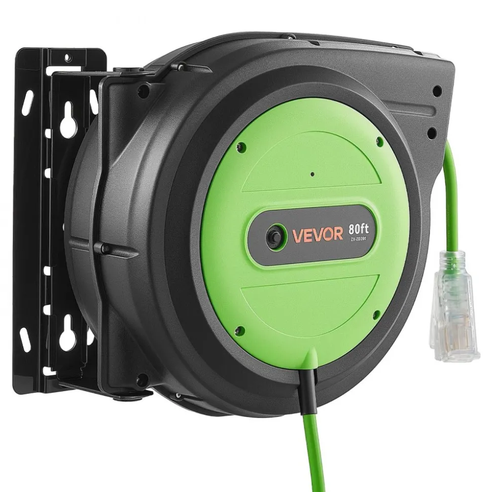 VEVOR Retractable Extension Cord Reel 80FT Heavy Duty 12AWG/3C SJTOW Green, for Ceiling/Wall Mount, 15A Circuit Breaker, Automatic Retractable Power Cord, Lighted Triple Tap, with 180° Swivel Bracket