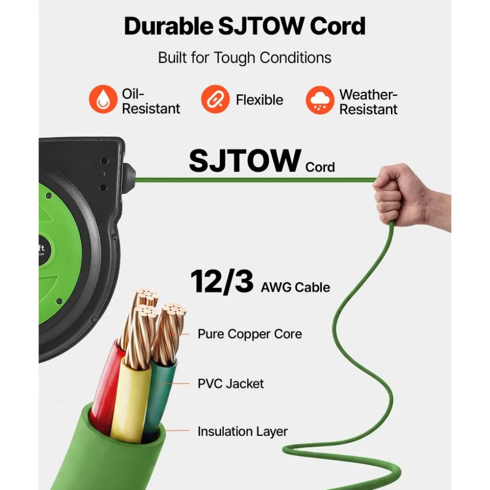 VEVOR Retractable Extension Cord Reel 80FT Heavy Duty 12AWG/3C SJTOW Green, for Ceiling/Wall Mount, 15A Circuit Breaker, Automatic Retractable Power Cord, Lighted Triple Tap, with 180° Swivel Bracket
