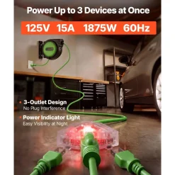 VEVOR Retractable Extension Cord Reel 80FT Heavy Duty 12AWG/3C SJTOW Green, for Ceiling/Wall Mount, 15A Circuit Breaker, Automatic Retractable Power Cord, Lighted Triple Tap, with 180° Swivel Bracket