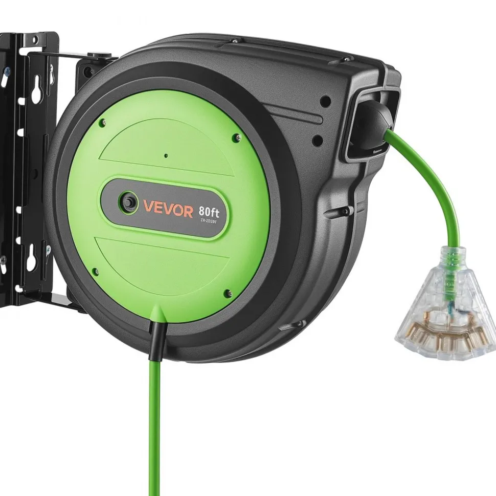 VEVOR Retractable Extension Cord Reel 80FT Heavy Duty 12AWG/3C SJTOW Green, for Ceiling/Wall Mount, 15A Circuit Breaker, Automatic Retractable Power Cord, Lighted Triple Tap, with 180° Swivel Bracket