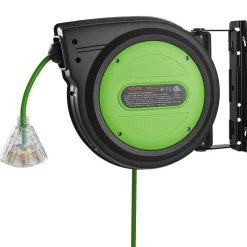 VEVOR Retractable Extension Cord Reel 80FT Heavy Duty 12AWG/3C SJTOW Green, for Ceiling/Wall Mount, 15A Circuit Breaker, Automatic Retractable Power Cord, Lighted Triple Tap, with 180° Swivel Bracket