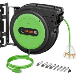 VEVOR Retractable Extension Cord Reel 80FT Heavy Duty 12AWG/3C SJTOW Green, for Ceiling/Wall Mount, 15A Circuit Breaker, Automatic Retractable Power Cord, Lighted Triple Tap, with 180° Swivel Bracket