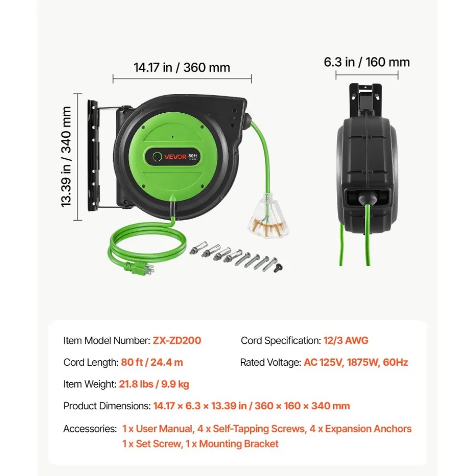 VEVOR Retractable Extension Cord Reel 80FT Heavy Duty 12AWG/3C SJTOW Green, for Ceiling/Wall Mount, 15A Circuit Breaker, Automatic Retractable Power Cord, Lighted Triple Tap, with 180° Swivel Bracket