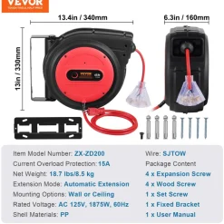 VEVOR Retractable Extension Cord Reel, 65 FT, Heavy Duty 12AWG/3C SJTOW Retractable Power Cord with Lighted Triple Tap Outlet, 15 Amp Circuit Breaker 180° Swivel Bracket for Ceiling or Wall Mount