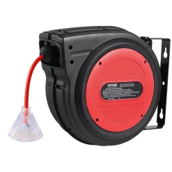 VEVOR Retractable Extension Cord Reel, 65 FT, Heavy Duty 12AWG/3C SJTOW Retractable Power Cord with Lighted Triple Tap Outlet, 15 Amp Circuit Breaker 180° Swivel Bracket for Ceiling or Wall Mount