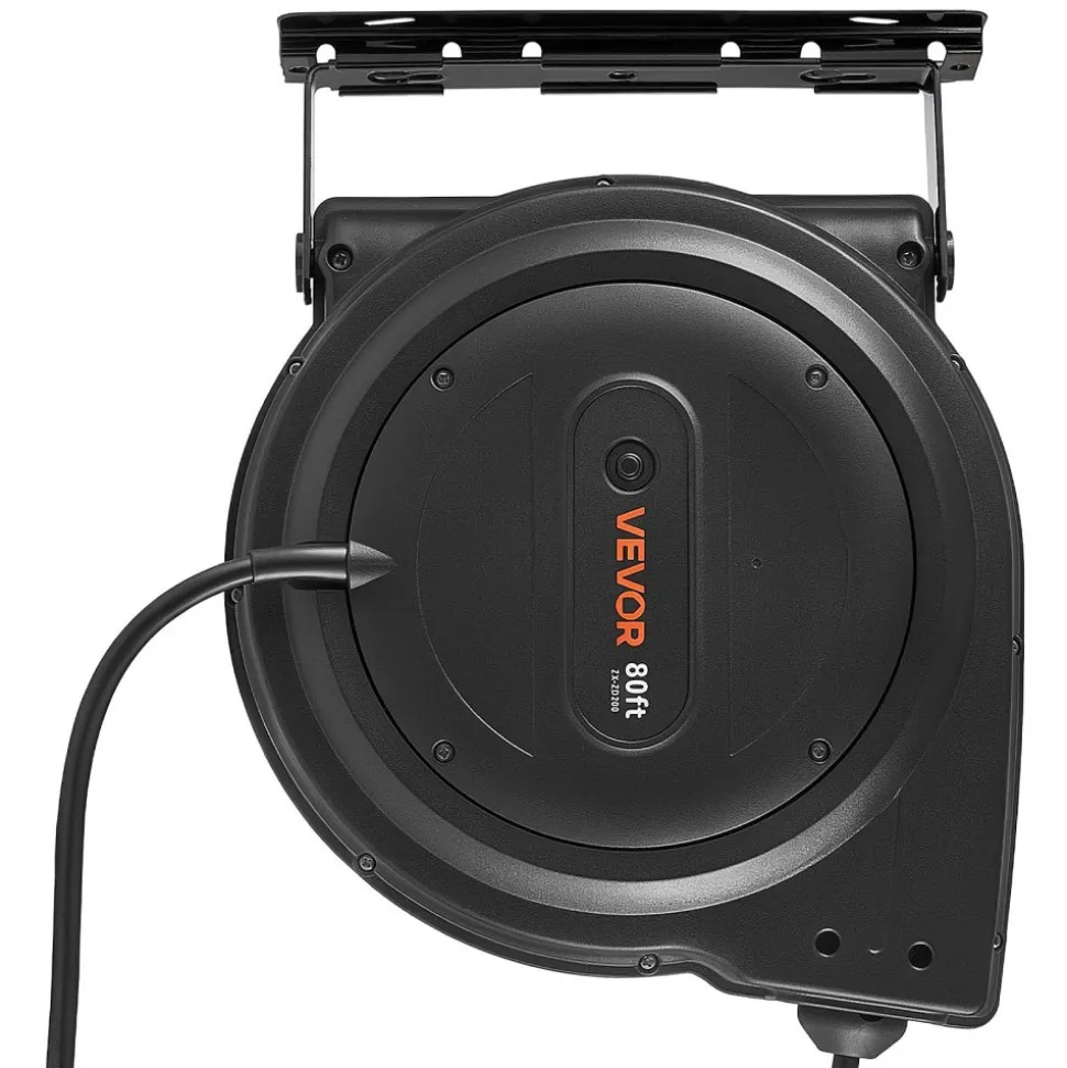 VEVOR Retractable Extension Cord Reel 75FT Heavy Duty 14AWG/3C SJTOW Black, for Ceiling/Wall Mount, 13A Circuit Breaker, Automatic Retractable Power Cord, Lighted Triple Tap, with 180° Swivel Bracket