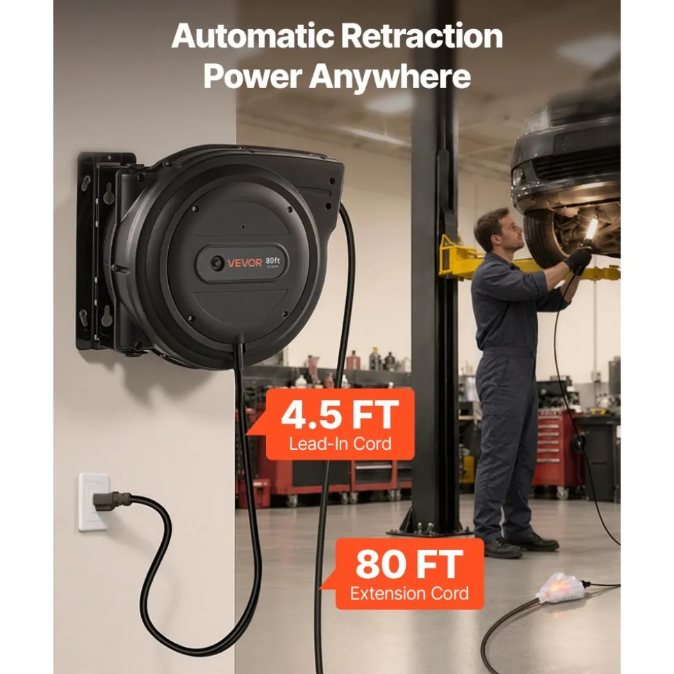 VEVOR Retractable Extension Cord Reel 75FT Heavy Duty 14AWG/3C SJTOW Black, for Ceiling/Wall Mount, 13A Circuit Breaker, Automatic Retractable Power Cord, Lighted Triple Tap, with 180° Swivel Bracket