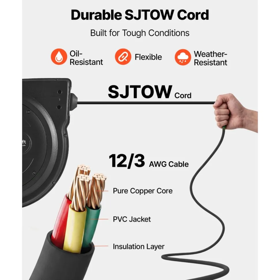 VEVOR Retractable Extension Cord Reel 75FT Heavy Duty 14AWG/3C SJTOW Black, for Ceiling/Wall Mount, 13A Circuit Breaker, Automatic Retractable Power Cord, Lighted Triple Tap, with 180° Swivel Bracket